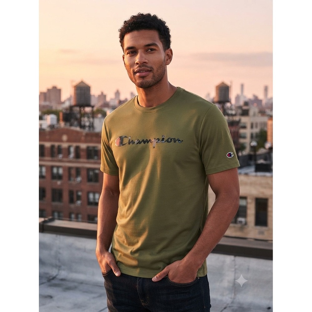 Champion‎ Mens XL Olive Green Camo Logo Performance T-Shirt T6063G Activewear